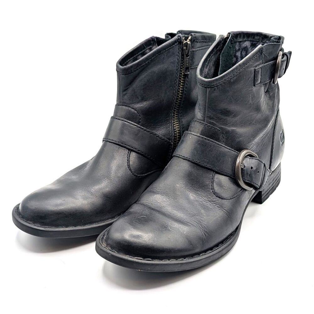 Born Regis Zip Up Ankle Boots Black Leather Booties Buckles Comfort Size 6.5